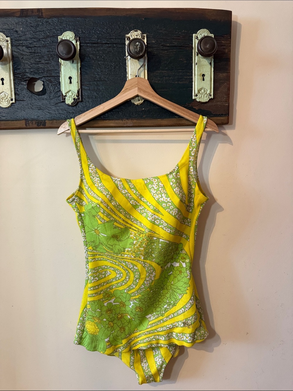 Vintage Nina Ricci Paris Mod Chartreuse Psychedelic Floral Bullet Bra Swimsuit - Picture 2 of 16